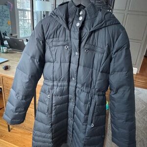 DKNY : Dark Grey Hooded Puffer Coat